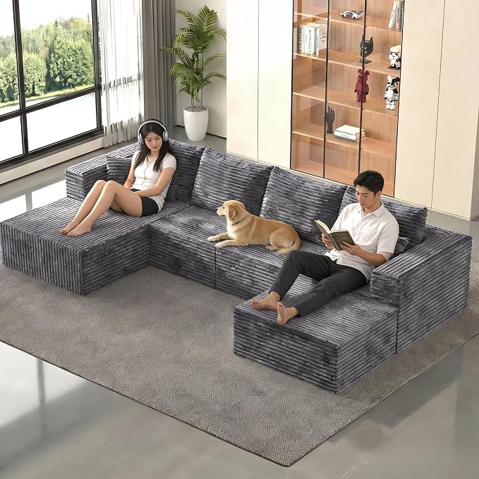138" Modern Modular Sectional Sofa, U-Shaped Cloud Couch, Soft Corduroy Boneless Couch with 3060 High Rebound Memory Foam, Sectional Couches for Living Room-Grey(Left Facing Chaise)