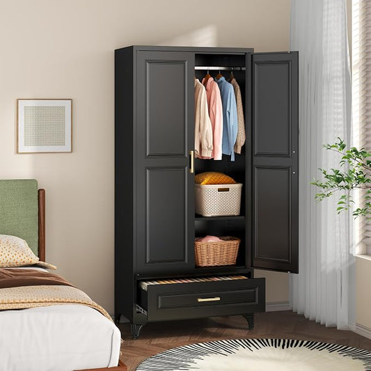 SteeLoong 71" Metal Armoire Wardrobe Closet with Drawer,Tall Clothing Storage Cabinet with Adjustable Shelves and Hanging Rod,Black Wardrobe Closet for Bedroom,Home,Office,Gym