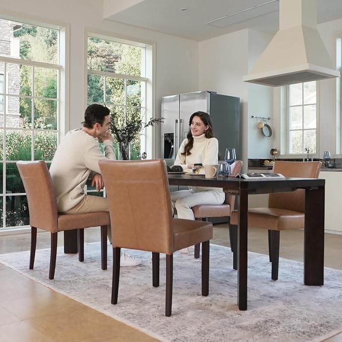 Watson & Whitely Upholstered Dining Chairs, Faux Leather, Set of 4, Brown | Solid Wood Legs, Padded Seat, Low Back, Modern Armless Parsons Chair for Kitchen, Dining Room, Restaurant