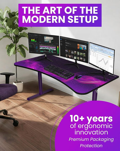 Arozzi Arena Special Edition Ultrawide Curved Gaming and Office Desk with Full Surface Water Resistant Desk Mat Custom Monitor Mount Cable Management Cut Outs - Purple Galaxy