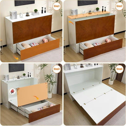 VINGLI Queen Murphy Bed with Storage Drawer,2 Charging Station,Rustic & Scandinavian Style Foldable Bed Cabinet,Hideaway Paltform Panel Bed for Small Room,Guest Room,Office,Apartment,Golden Brown