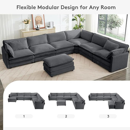 ROWHY 150'' Modular Sectional Corner Cloud Couch, 7 Seater Sofa Big Comfy Corduroy V Shaped Couch with 4 Throw Pillows, Movable Ottoman, Couches for Living Room Office Dark Grey