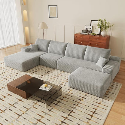 135" U Shaped Sectional Couch with Ottoman, Large Sectional Couches for Living Room, Plush Corduroy Convertible Sleeper Sofa, Compressed Foam Sofa in a Box No Assembly, Left Facing Chaise, Grey