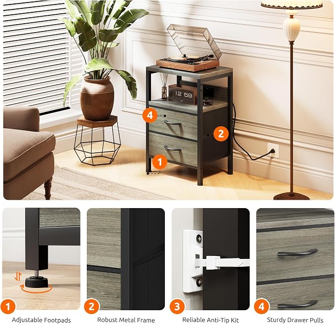 Lazzanto NightStand Bedside Charging Table Bedroom - Night Stand with Charger Station, Modern Nightstand with Open Shelf & 2 Fabric Drawers, End Table with USB-C USB Ports & AC Outlets for Dorm, Grey