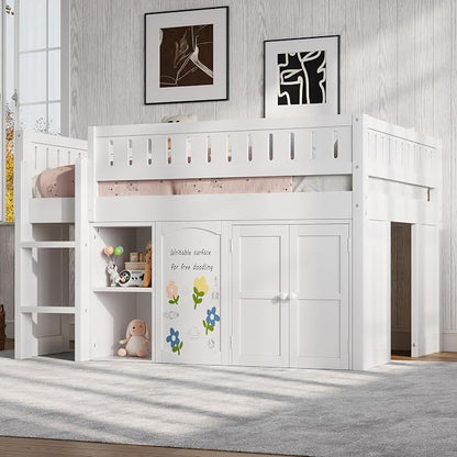 Full Size Loft Bed with Storage Cabinet & Chalkboard Panel, Wood Loft Bed Frame, Space-Saving Design, White