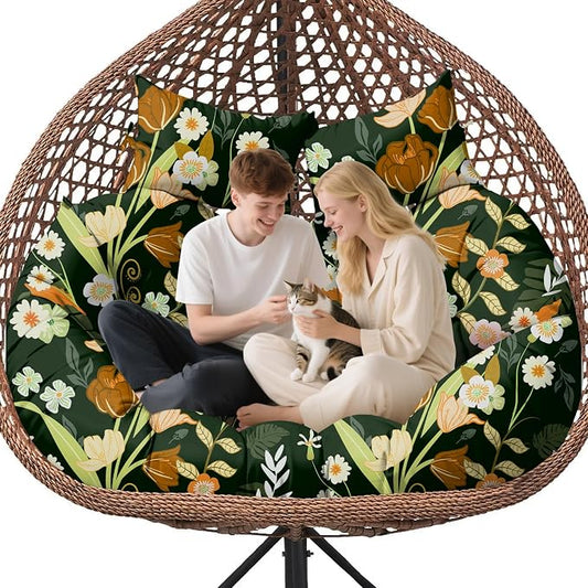 Double Egg Chair Cushion Replacement Waterproof for Outdoor Patio Hanging Basket Egg Chairs Cushion, 59x43-Inch Thickened Cotton Large Double Eggs Swing Chair Cushions, Black Peony