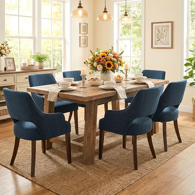 Linen Upholstered Dining Chairs Set of 6 with Arms | Blue linen fabric, breathable upholstery, curved backrest, cushioned seat, solid wood legs, farmhouse style for dining room