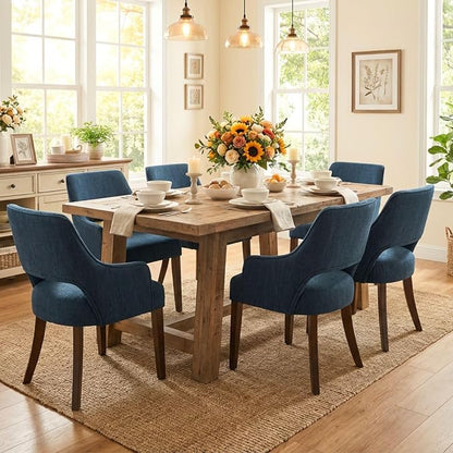 Linen Upholstered Dining Chairs Set of 6 with Arms | Blue linen fabric, breathable upholstery, curved backrest, cushioned seat, solid wood legs, farmhouse style for dining room