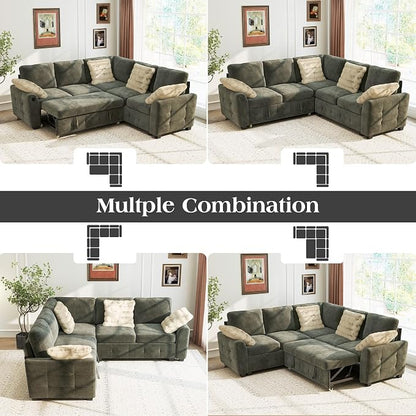 Ihanherry L-Shaped Sectional Sofa Bed with Storage, 5-Seater Convertible Pull Out Sleeper Sofa with USB Charging Ports, 4 Pillows & Wide Armrests, Chenille Fabric for Living Room, Apartment（Gray）