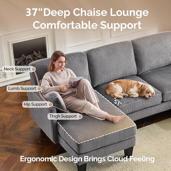 VINGLI 108" W U-Shaped Sectional Couches for Living Room, Sturdy Wooden Armrest Corduroy Cloud Couch with Double Chaise, High Support Modern 4-Seat Sectional Sofa for Apartment, Offices, Dark Grey