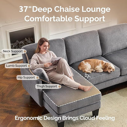 VINGLI 108" W U-Shaped Sectional Couches for Living Room, Sturdy Wooden Armrest Corduroy Cloud Couch with Double Chaise, High Support Modern 4-Seat Sectional Sofa for Apartment, Offices, Dark Grey
