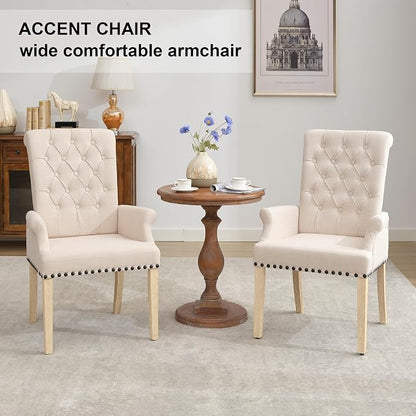 AODCHR Dining Chairs with Arms Set of 6, Upholstered Fabric Accent Dining Chair Set of 6, Elegant Tufted Dining Room Chair, Kitchen Room 2 Arm Chair with 4 Armless Chairs, Beige