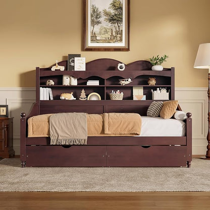 Merax Twin Daybed with Storage Drawers, Wood Twin Day Bed with 3-Tier Storage Headboard Shelves, Retro Style Twin-Size Daybed for Bedroom Guest Room, No Box Spring Needed, Easy Assembly, Espresso