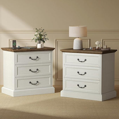 Huuger Nightstand with Charging Station, 3 Drawer Night Stand Set of 2, 22 Inch Wider Side Table with Storage, Farmhouse Nightstand with Vintage Handles, Thicken Base, for Bedroom, Distressed White