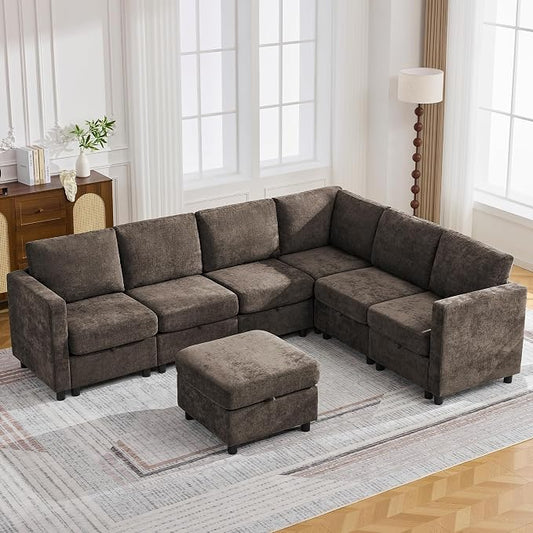 104'' V Shaped Modular Sofa, Sectional Couch with Storage for Living Room, Modern 7 Seater Cloud Sectional Couch with Movable Ottoman, Chenille Brown