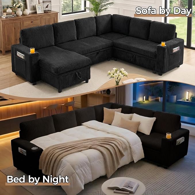 Sectional Sleeper Sofa with Pull Out Bed, 7-Seat L-Shaped, Black | Modular cloud couch with plush corduroy, hidden storage, USB charging, cup holders – Perfect for family movie nights