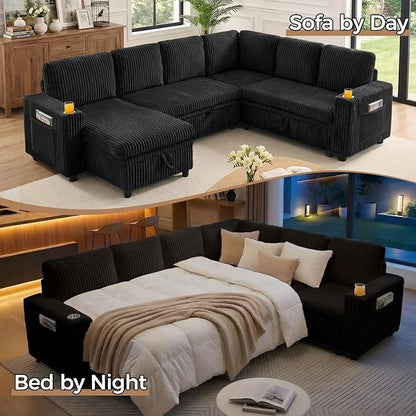 Sectional Sleeper Sofa with Pull Out Bed, 7-Seat L-Shaped, Black | Modular cloud couch with plush corduroy, hidden storage, USB charging, cup holders – Perfect for family movie nights
