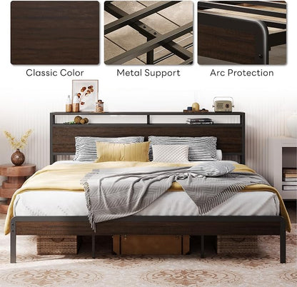 LIKIMIO California King Bed Frame with Headboard, Dark Wood Camas California King with Strong Supports, Sturdy, Noise-Free, No Box Spring Needed, Dark Brown