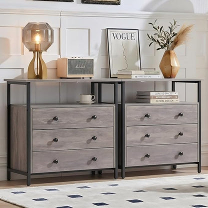 Edbuosy 3 Wooden Drawers Night Stand, 27 Inch Wide Nightstand Set 2 with Charging Station and Adjustable Drawers, Small Dresser for Closet, Bedside Table for Living Room/Bedroom/Office, Rustic Gray