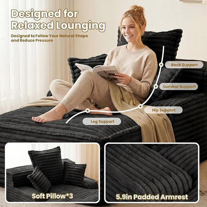 57 Inch Boneless Couch Lounge Chaise, Corduroy Upholstered Boneless Sofa Bed, Deep Seat Sleeper Couch Reading Chairs, Cozy Cloud Sofa Couches for Small Spaces, No Assembly Required, Black