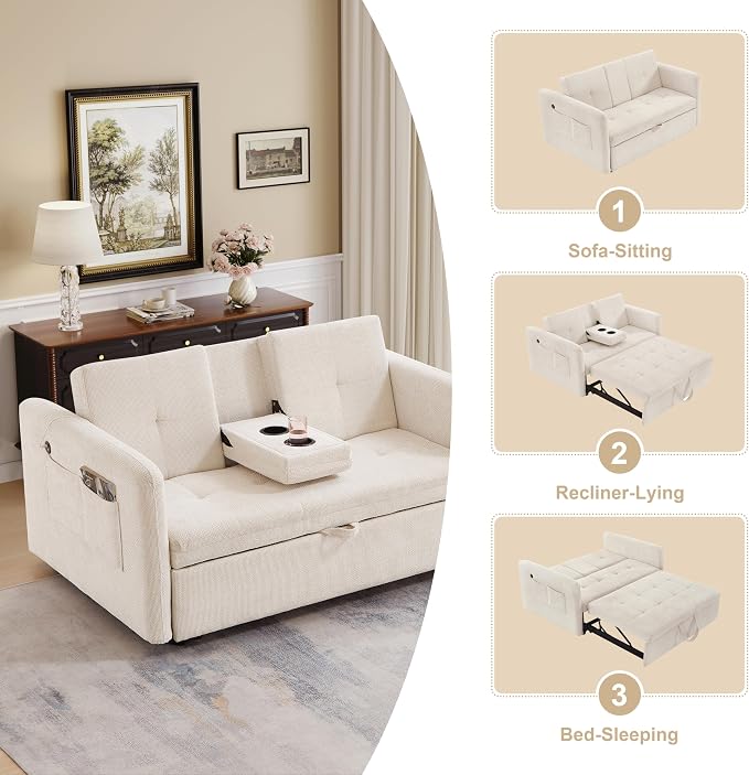 57.48" Convertible Sofa Bed with Cup Holder, Pull Out Sleeper Sofa Bed with USB Charging Ports, 3 in 1 Convertible Sleeper Sofa Bed for Living Room, Apartment, Bedroom, RV, Beige
