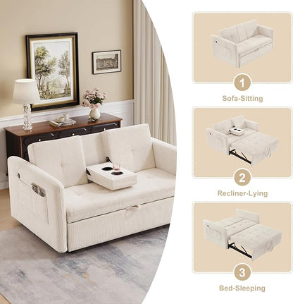 57.48" Convertible Sofa Bed with Cup Holder, Pull Out Sleeper Sofa Bed with USB Charging Ports, 3 in 1 Convertible Sleeper Sofa Bed for Living Room, Apartment, Bedroom, RV, Beige