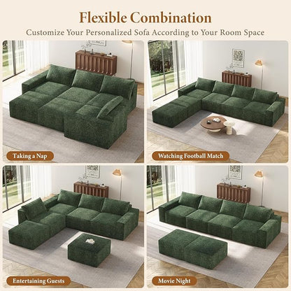 Vesgantti 145.6" Modular Boneless Couch, Modern U Shaped 6 Seater Sectional Sofa with 2 Ottoman & Deep Seat, Convertible Chenille Cloud Couches for Living Room, No Assembly Required, Green
