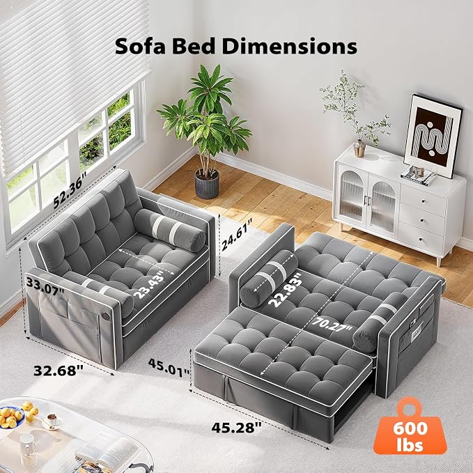 Pipishell 3 in 1 Sleeper Sofa Bed, Pull Out Couch with USB & Type-C Ports, Deep Seat Convertible Loveseat Sofa, Adjustable Backrest, Side Pockets, Velvet Futon Couch for Living Room, Grey