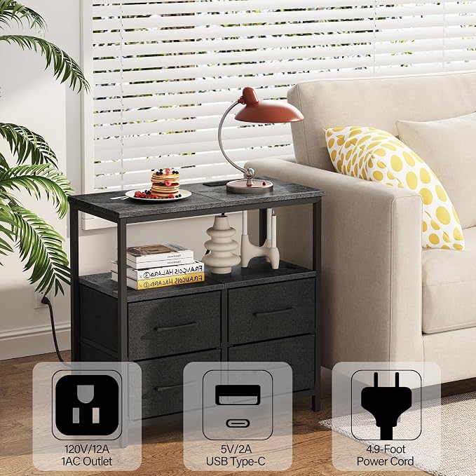 TUTOTAK Large Night Stand with Charging Station, Nightstand with USB and Type-C Port, Bedside Table with Cloth Drawers, End Table for Livingroom, Bedroom, Charcoal Grey TB01BY081
