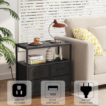 TUTOTAK LED Night Stand with Charging Station, Large Nightstand with USB and Type-C Port, Bedside Table with Cloth Drawers, End Table for Livingroom, Bedroom, Charcoal Grey TB01BY081L