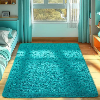 Ophanie Teal Rugs for Bedroom Living Room, Fluffy Fuzzy Furry Carpet, Plush Soft Shaggy Bedside Indoor Floor 4x6 Area Rug for Kids Girls Boys Baby Teen Dorm Nursery Decor with Over 99 pcs Pile fibers
