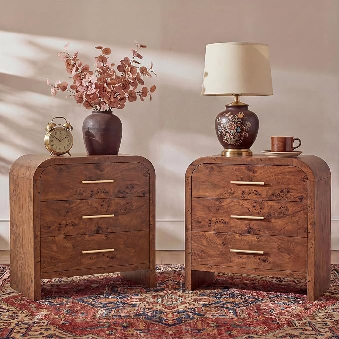 Night Stand Set of 2 [Unique Curved Profile] [FSC-Certified Wooden Board] 3-Drawer Nightstand 26.7" H Metal Handle Modern Sturdy Bedside Table Side Table End Table