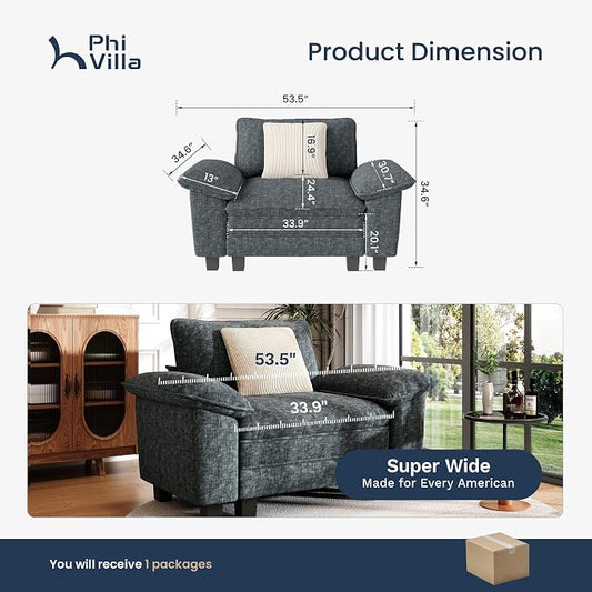 PHI VILLA Oversized Single Sofa Chair, 1 Seater Comfy Sofa with Deep Seat for Reading Nook Bedroom Small Spaces, Chenille Fabric, Dark Cyan