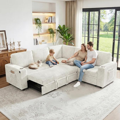 Sectional Sleeper Sofa with Pull Out Bed, Plush Corduroy 5 Seat L Shaped Couch with Storage, USB Ports, Cup Holders, Comfy Modular Sectional Couches for Living Room, Beige