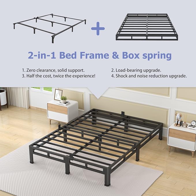 NKZ 7 Inch King Size Bed Frame, Metal Bed Frame & Box Spring 2 in 1 Platform with Round Corner Legs, 4000Lbs Heavy Duty Low-Profile Frame, Mattress Slide Stopper, Noise-Free, Easy Assembly