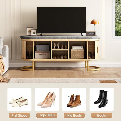 Decofy Shoe Storage Bench with Cushion and Sliding Doors, 47.2 Inch Shoe Bench with Storage, Freestanding Entryway Bench with Storage, Sturdy Metal Feet, for Hallway & Entrance Hall, Oak