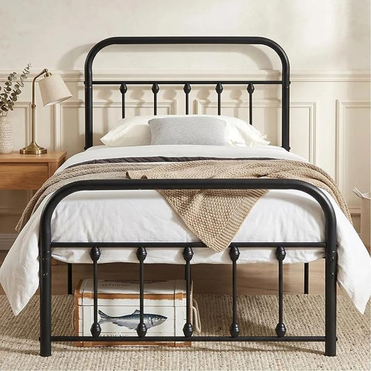 VECELO Black Metal Bed Frame Twin Size with Vintage Headboard and Footboard, No Box Spring Needed, Premium Stable Steel Slat Support Mattress Foundation