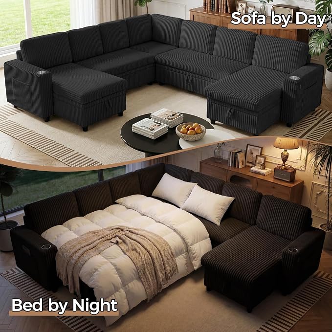 Modular Sectional Sleeper Sofa with Pull Out Bed, Plush Corduroy L Shaped Couch with Storage Chaise, USB Ports, Cup Holders, Comfy Cloud Couches for Living Room, Black