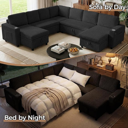 Modular Sectional Sleeper Sofa with Pull Out Bed, Plush Corduroy L Shaped Couch with Storage Chaise, USB Ports, Cup Holders, Comfy Cloud Couches for Living Room, Black