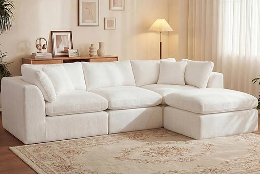 GRUSIGN 110'' Oversized Boneless Cloud Couch for Living Room, Modern Big Sectional Compressed L Shape Couch with Ottoman, Comfy Chenille Deep Seat Memory Foam Spineless 4 Seater Sofa, Beige