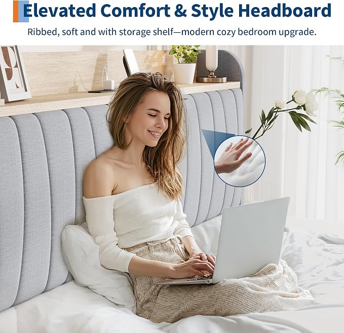 Garvee Upholstered Bed Frame Full Size with Storage Headboard and Charging Station, Platform Bed Frame with Drawers, Heavy Duty, No Box Spring Needed, Easy Assembly, Light Grey