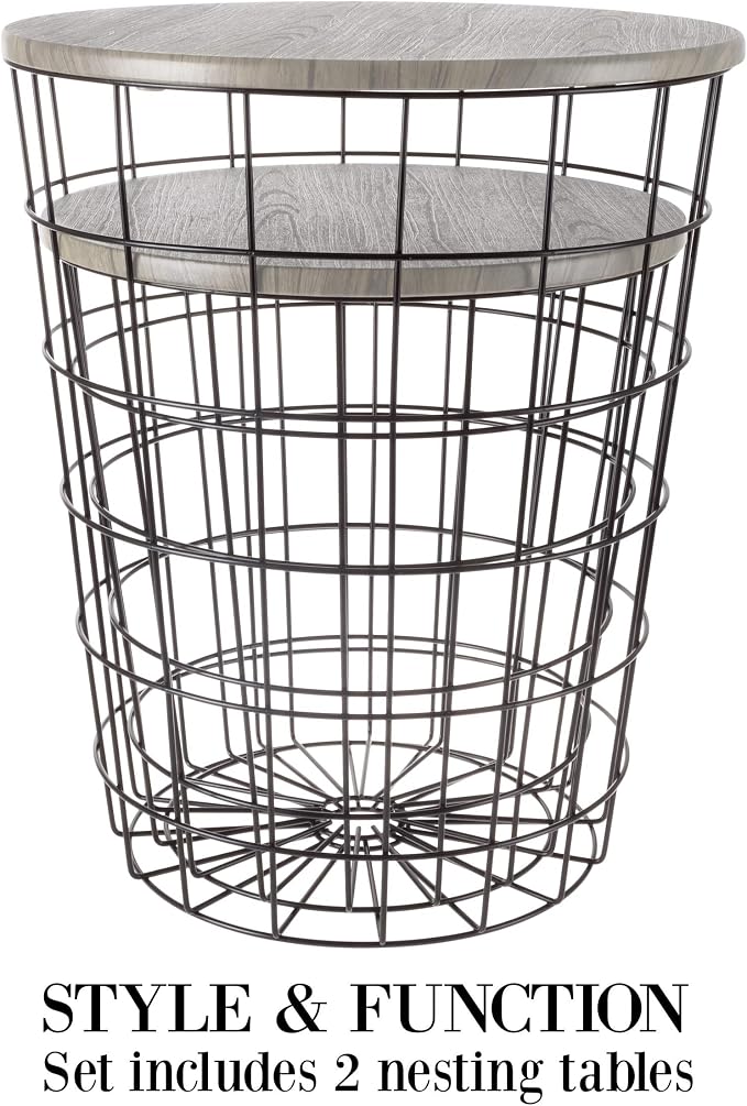 End Tables Set of 2 - Nesting Tables with Removable Wood Tops and Metal Basket Bases for Blanket Storage - Round Side Furniture for Living Room, Bedroom, or Home Office by Lavish Home (Gray/Black)