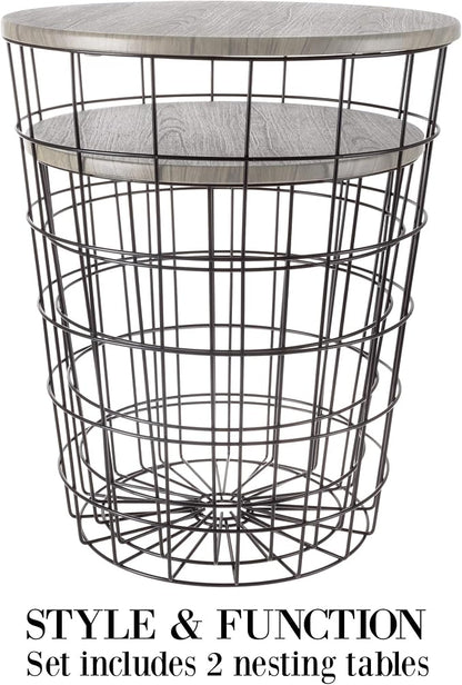 End Tables Set of 2 - Nesting Tables with Removable Wood Tops and Metal Basket Bases for Blanket Storage - Round Side Furniture for Living Room, Bedroom, or Home Office by Lavish Home (Gray/Black)