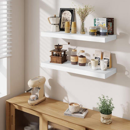 Fun Memories Floating Shelves for Wall, 32 Inch Long Floating Shelves Set of 3, 32 x 10 Wooden Shelves for Wall, Large Storage Shelves, Hanging Shelves for Bathroom Kitchen Bedroom, White