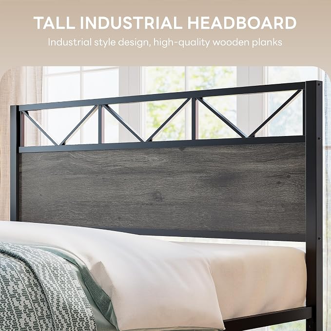 LIKIMIO California King Bed Frame, Tall Industrial Headboard 51.1 ", Platform Bed Frame with Strong Metal Support, Solid and Stable, Noise Free, No Box Spring Needed, Easy Assembly, Charcoal Grey