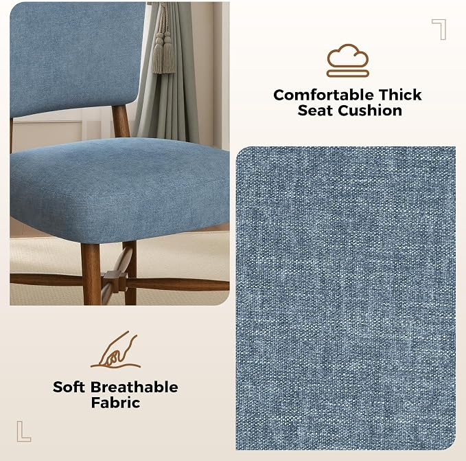 Mid Century Dining Chairs Set of 4, Linen Seat, Wood Legs, Blue | Farmhouse, Upholstered Padded Cushion, Solid Wood Cross-Brace, Easy 15-Min Assembly, Kitchen Dining Room