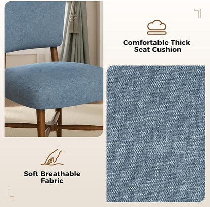 Mid Century Dining Chairs Set of 4, Linen Seat, Wood Legs, Blue | Farmhouse, Upholstered Padded Cushion, Solid Wood Cross-Brace, Easy 15-Min Assembly, Kitchen Dining Room
