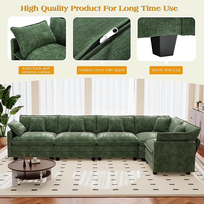 113.8" Modular Sectional Sofa,Cloud Couch for Living Room,Modern Deep Seat Sofa 5 Seater Chenille Fabric Comfy L Shaped Couches with Throw Pillows for Apartment