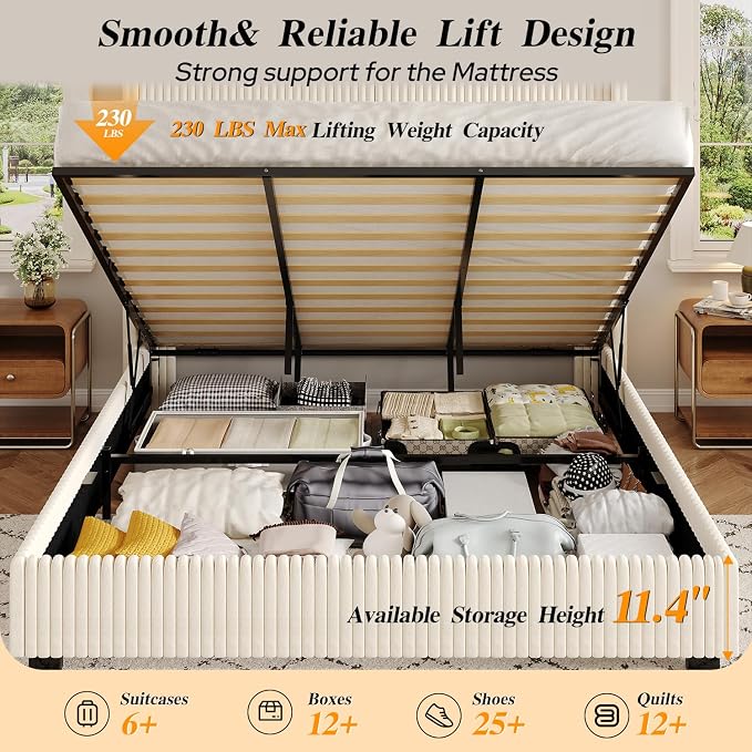 UNIQUITE King Size Lift Up Storage Bed Frame with 51 Inch Tall Wingback Headboard, Corduroy Upholstered Platform Bed with Hydraulic Storage, 2 USB Ports, No Box Spring Needed, Noise-Free, Beige