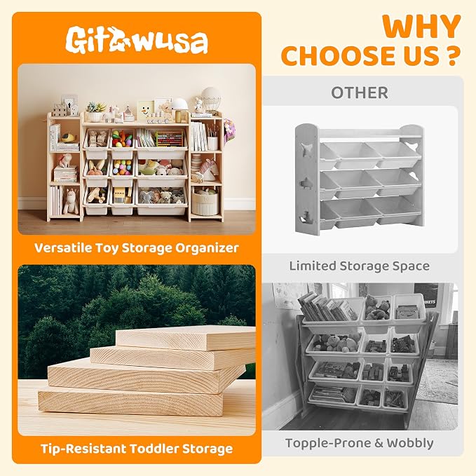 GITAWUSA Toy Storage Organizer, Kids Bookshelf with 6 Shelves, 9 Toy Bins & 6 Hooks | Toy Shelf, Storage Bin Unit, Toy Organization for Playroom, Nursery, Bedroom, Toddler Room, White, 57''W